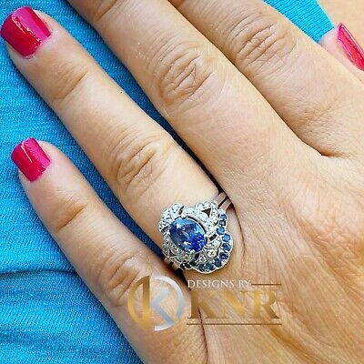 Pre-owned Halo 14k Solid White Gold Sapphire And Diamonds  Design Ring And Band 2.00ctw In Blue