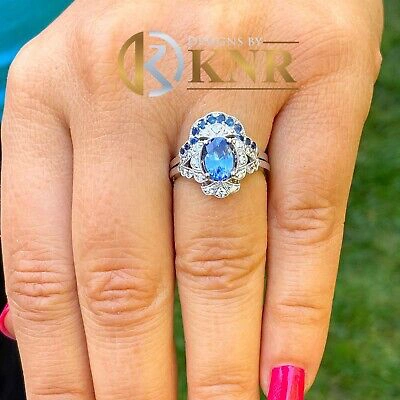Pre-owned Halo 14k Solid White Gold Sapphire And Diamonds  Design Ring And Band 2.00ctw In Blue