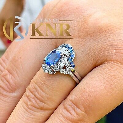 Pre-owned Halo 14k Solid White Gold Sapphire And Diamonds  Design Ring And Band 2.00ctw In Blue