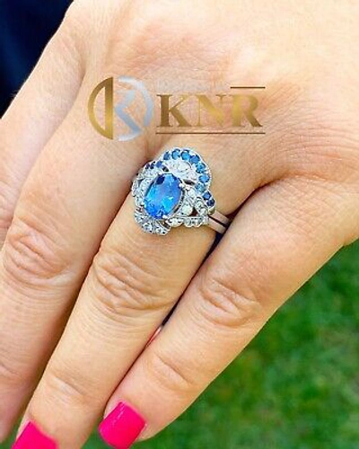 Pre-owned Halo 14k Solid White Gold Sapphire And Diamonds  Design Ring And Band 2.00ctw In Blue