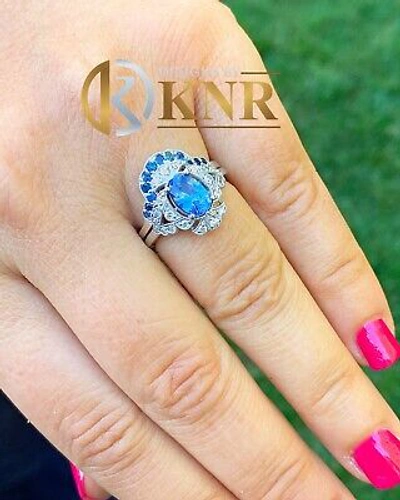 Pre-owned Halo 14k Solid White Gold Sapphire And Diamonds  Design Ring And Band 2.00ctw In Blue
