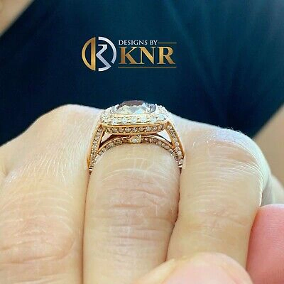 Pre-owned Knr 14k Rose Gold Cushion Cut Smoky Topaz And Diamonds Engagement Ring Halo 4.70ctw In Brown
