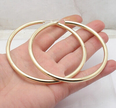 Pre-owned Bestgoldshop 3 1/2" Huge Large Shiny Plain Hoop Earrings Real 10k Yellow Gold 5mm X 90mm