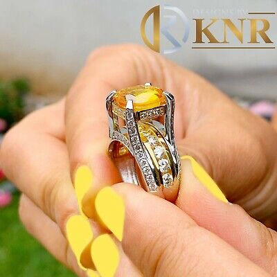 Pre-owned Halo 14k White And Yellow Gold Cushion Yellow Citrine Natural Round Diamond Ring 4.80