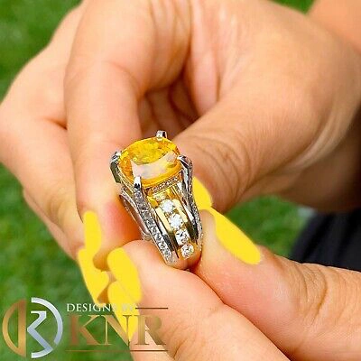 Pre-owned Halo 14k White And Yellow Gold Cushion Yellow Citrine Natural Round Diamond Ring 4.80