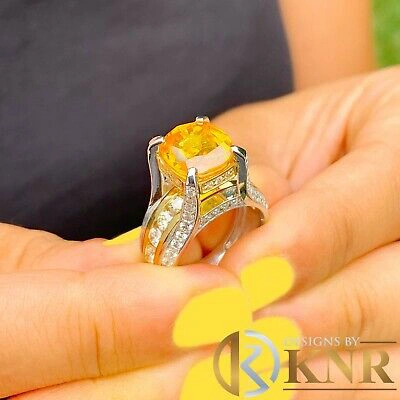 Pre-owned Halo 14k White And Yellow Gold Cushion Yellow Citrine Natural Round Diamond Ring 4.80