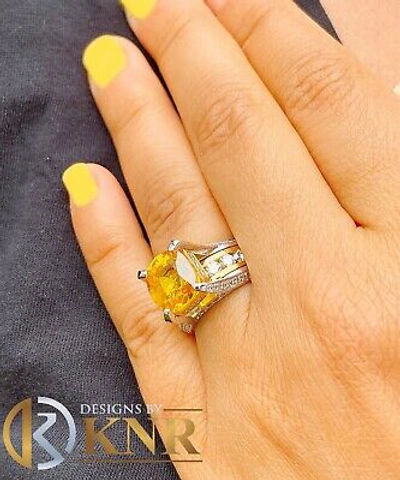 Pre-owned Halo 14k White And Yellow Gold Cushion Yellow Citrine Natural Round Diamond Ring 4.80