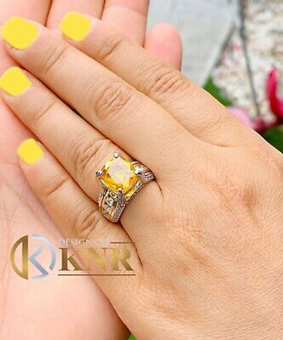 Pre-owned Halo 14k White And Yellow Gold Cushion Yellow Citrine Natural Round Diamond Ring 4.80