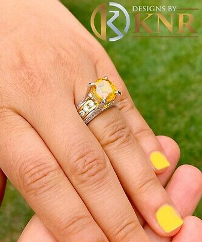 Pre-owned Halo 14k White And Yellow Gold Cushion Yellow Citrine Natural Round Diamond Ring 4.80