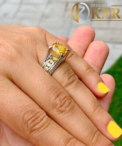 Pre-owned Halo 14k White And Yellow Gold Cushion Yellow Citrine Natural Round Diamond Ring 4.80