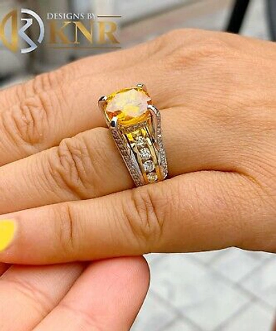 Pre-owned Halo 14k White And Yellow Gold Cushion Yellow Citrine Natural Round Diamond Ring 4.80