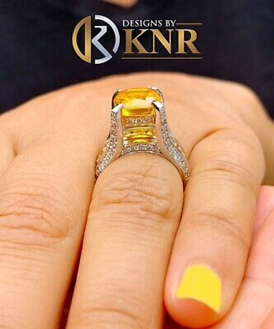 Pre-owned Halo 14k White And Yellow Gold Cushion Yellow Citrine Natural Round Diamond Ring 4.80