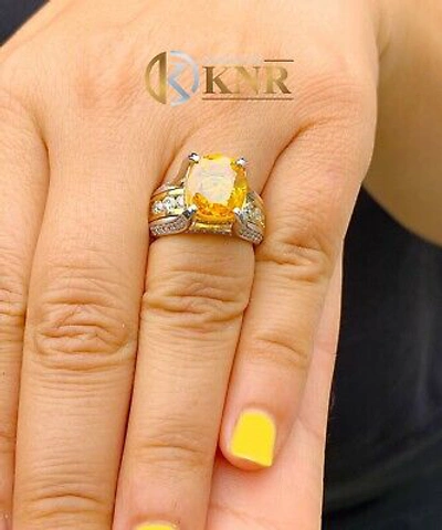 Pre-owned Halo 14k White And Yellow Gold Cushion Yellow Citrine Natural Round Diamond Ring 4.80
