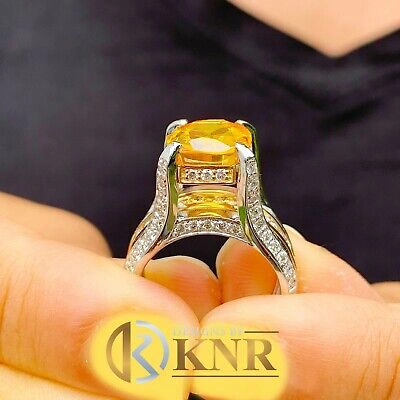Pre-owned Halo 14k White And Yellow Gold Cushion Yellow Citrine Natural Round Diamond Ring 4.80