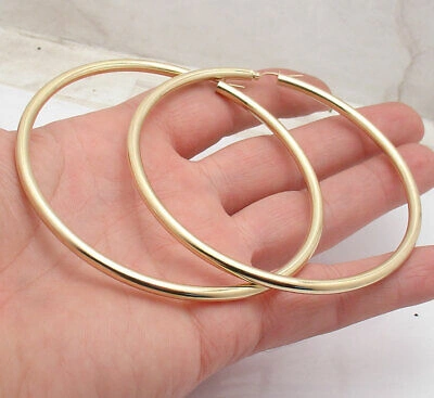 Pre-owned Bestgoldshop 3 3/8" Huge Large Shiny Plain Hoop Earrings Real 10k Yellow Gold 4mm X 85mm