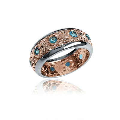 Pre-owned Handmade Deluxe 14k White And Rose Gold Decorative Filigree Blue Topaz Ring