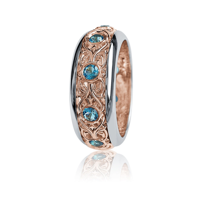 Pre-owned Handmade Deluxe 14k White And Rose Gold Decorative Filigree Blue Topaz Ring