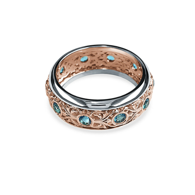 Pre-owned Handmade Deluxe 14k White And Rose Gold Decorative Filigree Blue Topaz Ring