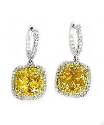 Pre-owned Halo 14k White Gold Yellow Citrine And Round Natural Diamonds Earrings  4.80ctw