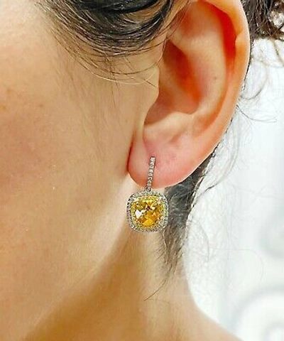 Pre-owned Halo 14k White Gold Yellow Citrine And Round Natural Diamonds Earrings  4.80ctw