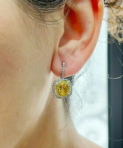 Pre-owned Halo 14k White Gold Yellow Citrine And Round Natural Diamonds Earrings  4.80ctw