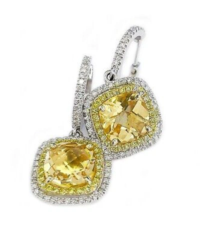 Pre-owned Halo 14k White Gold Yellow Citrine And Round Natural Diamonds Earrings  4.80ctw