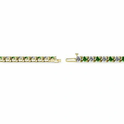 Pre-owned Trijewels Green Garnet And Diamond Tennis Bracelet 2.00 Ctw 14k Yellow Gold. Jp:123924