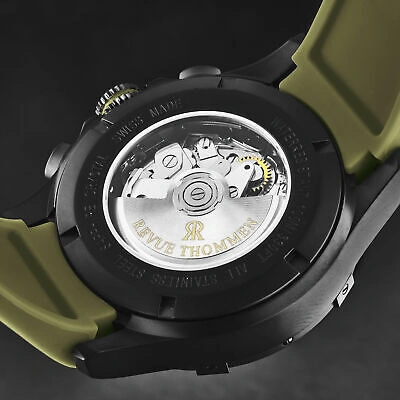 Pre-owned Revue Thommen Mens Air Speed Black Dial Green Strap Automatic Watch 16071.6774