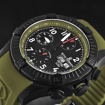 Pre-owned Revue Thommen Mens Air Speed Black Dial Green Strap Automatic Watch 16071.6774