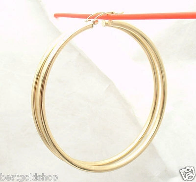 Pre-owned Bestgoldshop 3mm X 65mm 2 1/2" Large Plain Shiny Hoop Earrings Real 14k Yellow Gold