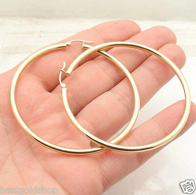 Pre-owned Bestgoldshop 3mm X 65mm 2 1/2" Large Plain Shiny Hoop Earrings Real 14k Yellow Gold