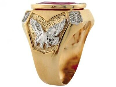 Pre-owned Jackani 10k Or 14k Two Tone Gold Simulated Ruby Eagle Accents July Birthstone Mens Ring In Red