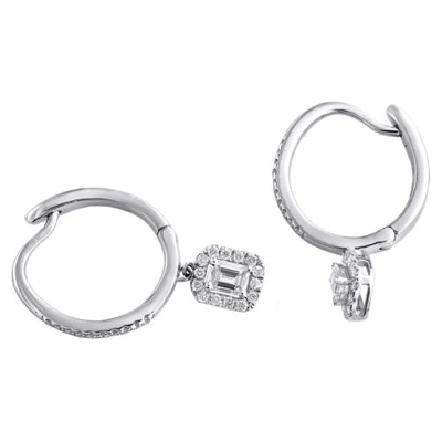Pre-owned Jfl Diamonds & Timepieces 14k White Gold Emerald Solitaire Diamond Drop Hoop Dangler Earrings 1/2 Ct.