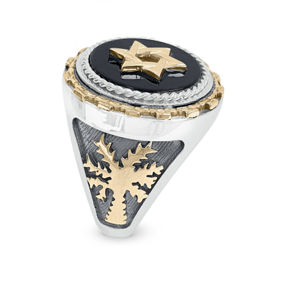 Pre-owned Handmade 925 Sterling Silver And Gold Onyx Star Of David Palm Tree Ring