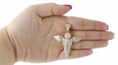 Pre-owned Jfl Diamonds & Timepieces 10k Yellow Gold Diamond Praying Hands 3d Angel Pendant 2" Pave Charm 1.50 Ct. In White