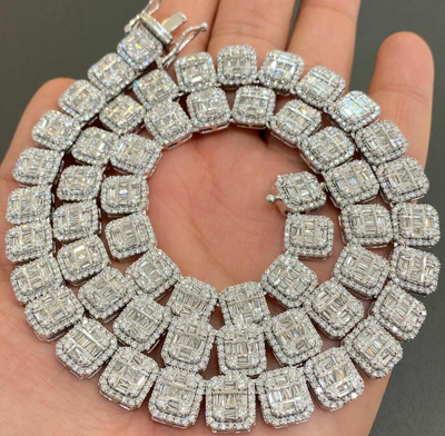 Pre-owned Online0369 Mens Round Emerald Baguette Cubic Zirconia Custom Necklace 20" In 925 Silver In White