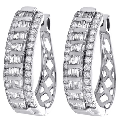Pre-owned Jfl Diamonds & Timepieces 10k White Gold Tapered Baguette Diamond Oval Hinged Hoop Dome Earrings 1.50 Ct.