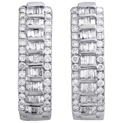 Pre-owned Jfl Diamonds & Timepieces 10k White Gold Tapered Baguette Diamond Oval Hinged Hoop Dome Earrings 1.50 Ct.