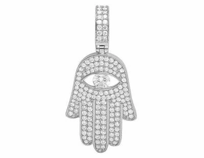 Pre-owned Jewelry Unlimited 14k White Gold Real Diamond Solitaire Evil Eye Hamsa Hand Pendant 1 1/2 Ct 1.75"