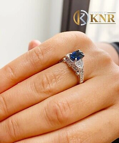 Pre-owned Halo 14k White Gold Sapphire And Round Cut Diamond  Bridal Deco Design Ring 2.40 In Blue