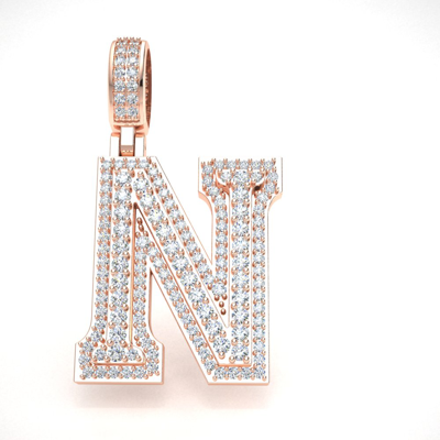 Pre-owned Jewelwesell Letter 'n' Pendant Charm 10k Gold Round Diamond 1.5" 3d Varsity Initial 2.40ct