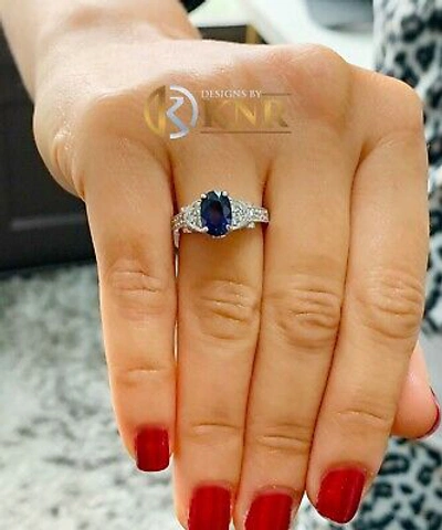 Pre-owned Halo 14k White Gold Sapphire And Round Cut Diamond  Bridal Deco Design Ring 2.40 In Blue