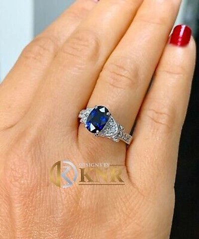 Pre-owned Halo 14k White Gold Sapphire And Round Cut Diamond  Bridal Deco Design Ring 2.40 In Blue