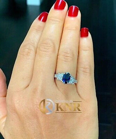 Pre-owned Halo 14k White Gold Sapphire And Round Cut Diamond  Bridal Deco Design Ring 2.40 In Blue