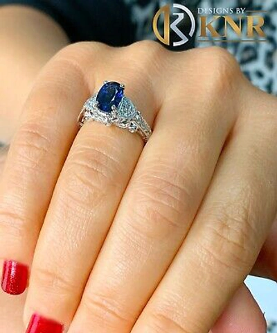 Pre-owned Halo 14k White Gold Sapphire And Round Cut Diamond  Bridal Deco Design Ring 2.40 In Blue