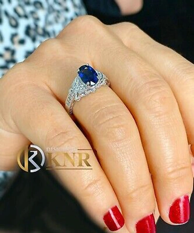 Pre-owned Halo 14k White Gold Sapphire And Round Cut Diamond  Bridal Deco Design Ring 2.40 In Blue