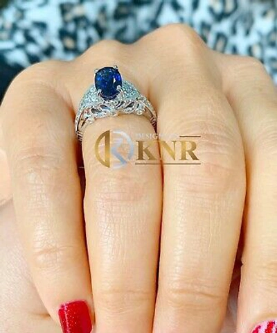 Pre-owned Halo 14k White Gold Sapphire And Round Cut Diamond  Bridal Deco Design Ring 2.40 In Blue