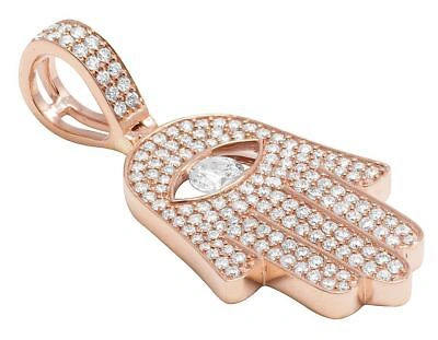 Pre-owned Jewelry Unlimited 14k Rose Gold Real Diamond Solitaire Evil Eye Hamsa Hand Pendant 1 1/2 Ct 1.75"