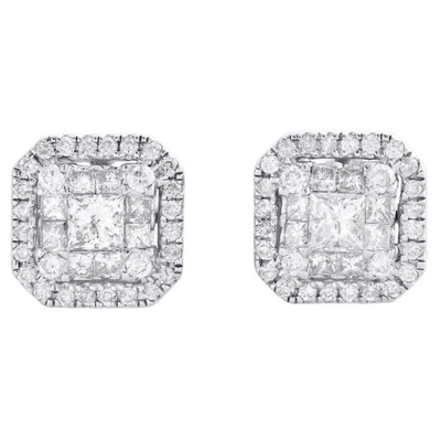 Pre-owned Jfl Diamonds & Timepieces 14k White Gold Round & Princess Cut Diamond Double Halo Studs Earrings 3/4 Ct.
