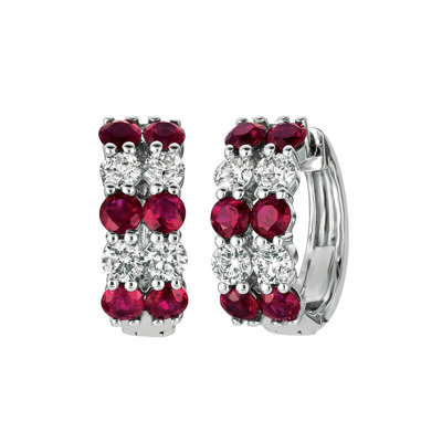 Pre-owned Morris 2.60 Carat Natural 2 Rows Diamond And Ruby Hoop Earrings Si 14k White Gold